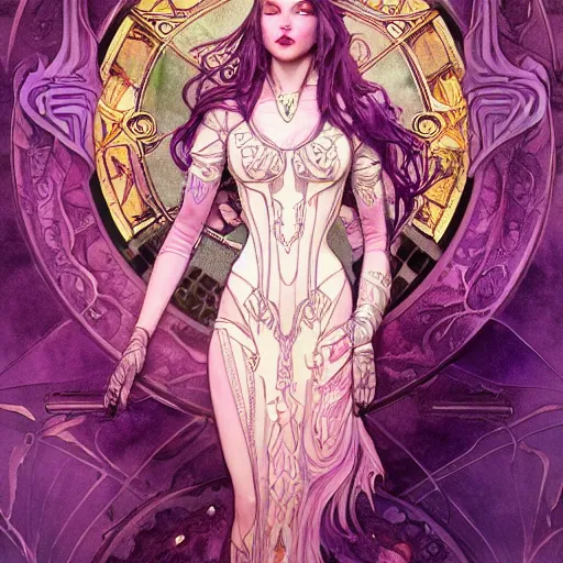 Image similar to vampire with purple hair in sci - fi power armor, highly detailed, very intricate, art nouveau, gold filigree, romantic storybook fantasy, soft cinematic lighting, award - winning, disney concept art watercolor illustration by mandy jurgens and alphonse mucha and alena aenami, pastel color palette, featured on artstation