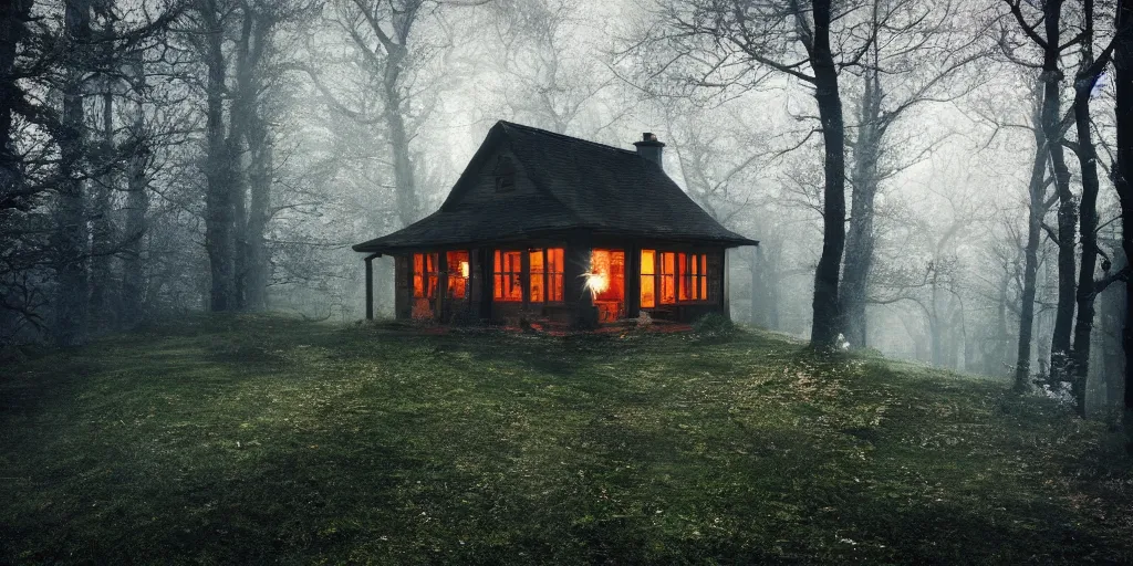 Prompt: lone cottage in the woods and empty woods, 8k, fantasy, hyper realistic, atmospheric, cinematic