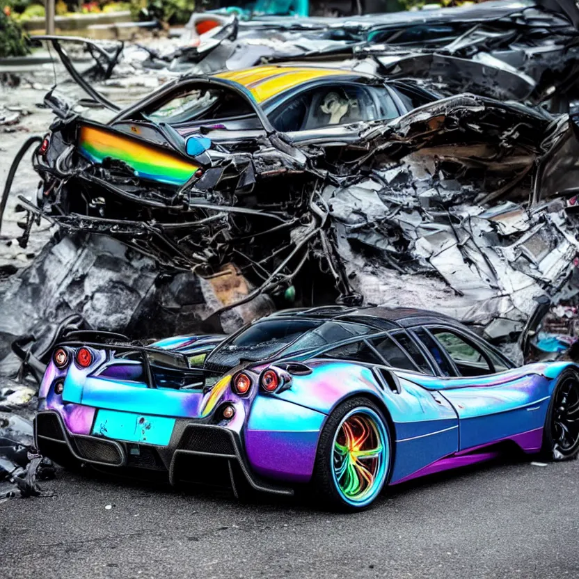 Image similar to close - up of an iridescent rainbow pagani huayra after crashing into a swimming pool, 4 k, highly detailed, award winning, look at all that detail!