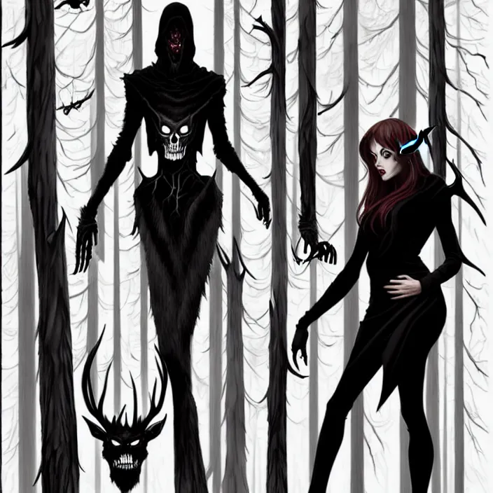 Prompt: style artgerm, joshua middleton, artgerm, rafael albuquerque : : scary wendigo with antlers and skull face mixed with werewolf : : [ [ beautiful witch wearing a black dress, symmetrical face, on the right side ] ] : : in the forest, detailed, dark and foggy, cinematic lighting