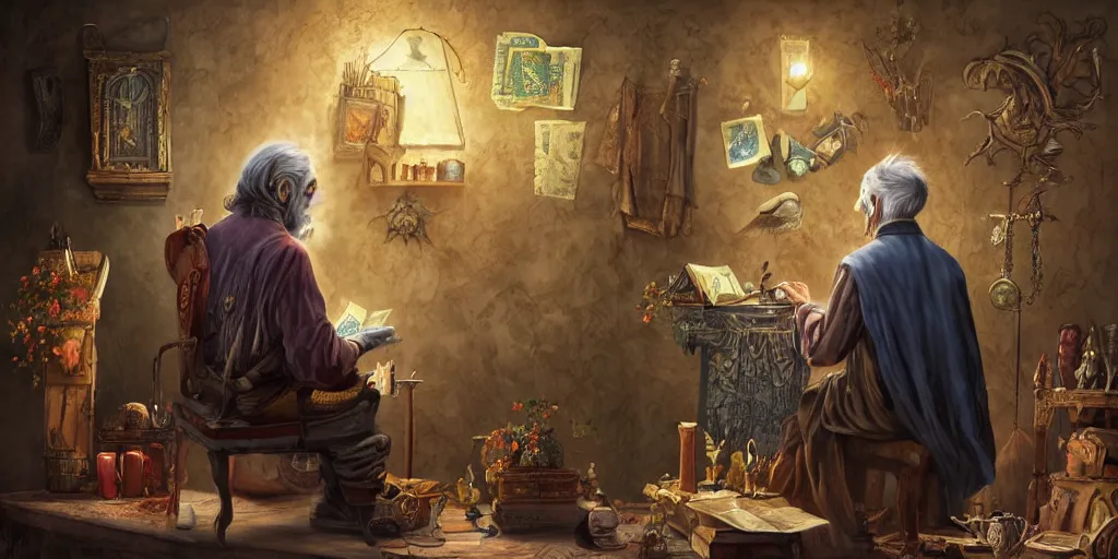 Image similar to back shot of wizened aristocrat examining the mysteries of tarot cards on a magical blackboard, fantasy art, matte painting, high quality, digital painting, artwork by tony sart