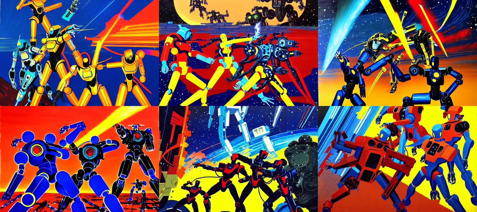 Prompt: an exciting anime sci - fi action vibrant gouache impressionist renaissance painting of robots sparring by al williamson and vincent di fate, trending on artstation, neon steampunk