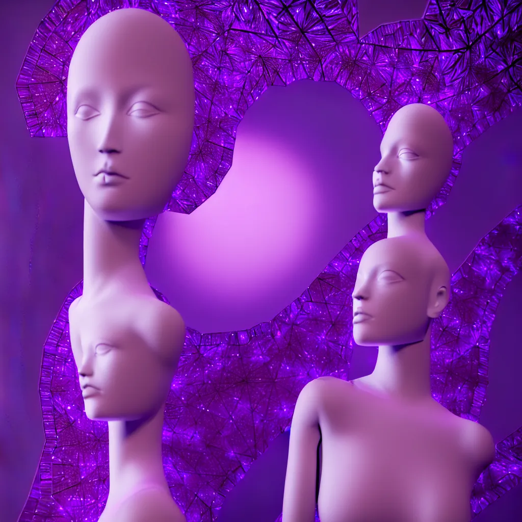 Image similar to beautiful mannequin sculpted out of amethyst by billelis + lit with 3 d geometric neon + facing a doorway opening with neon pink geometric fractal light + flowering hosta plants!!!, moon in background!!, moody, dramatic, rule of thirds, confident, award winning, 4 k, trending on artstation, photorealistic, volumetric lighting, octane render