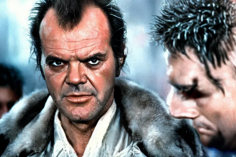 Image similar to 32 year old Jack Nicholson on blade runner 1982, movie still, face close-up, in color, detailed face, symmetrical face, 4k,