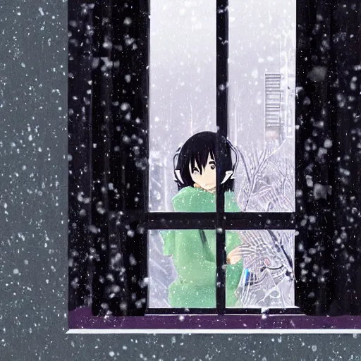 Prompt: Anime painting of a black haired girl wearing headphones looking out of the window into the snowy cold city while studying in her warm cozy home, by makoto shinkai, relaxed, calm, trending on artstation, kimi no na wa