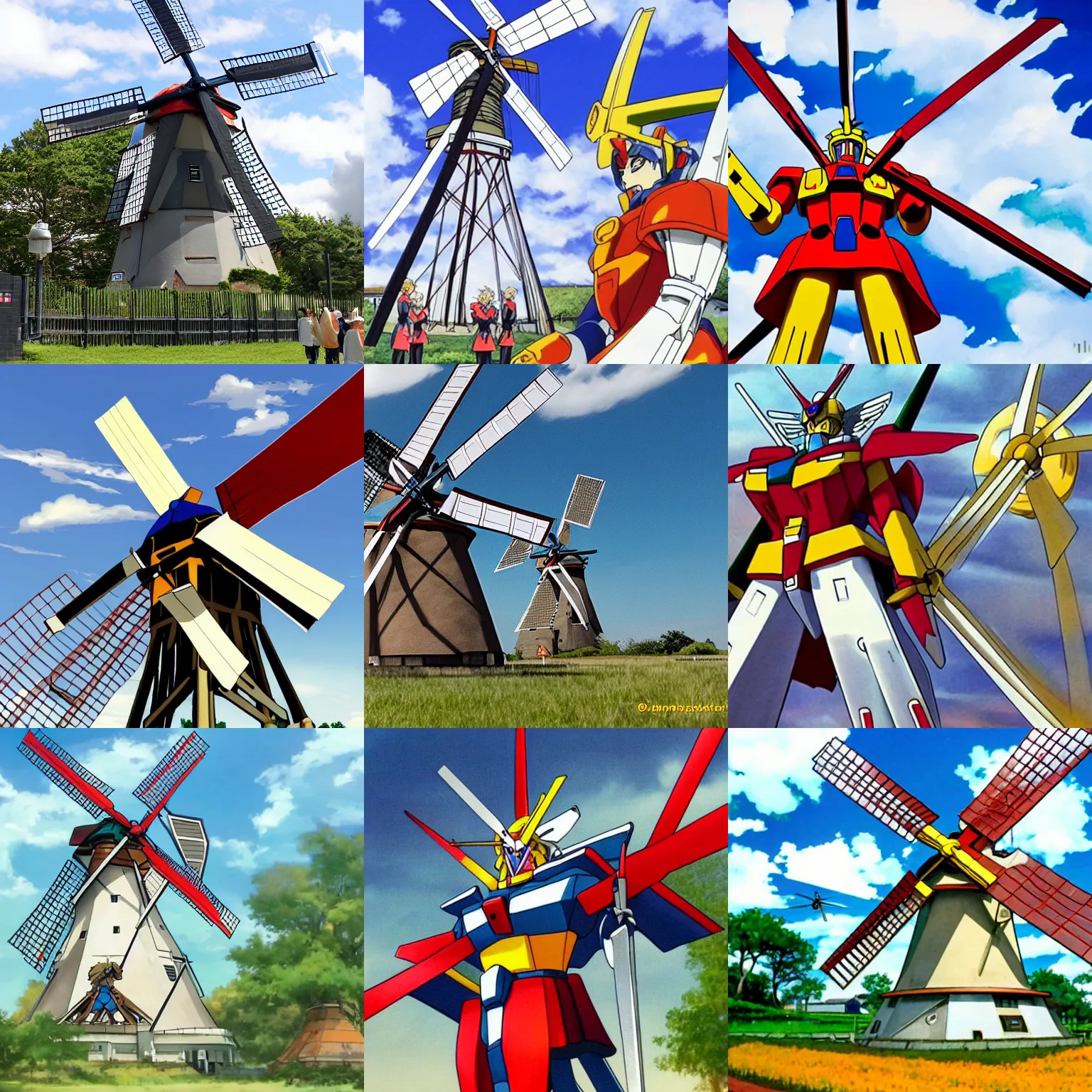 Image similar to gundam as dutch windmill in anime, gundam is windmill shaped, dutch windmill gundam