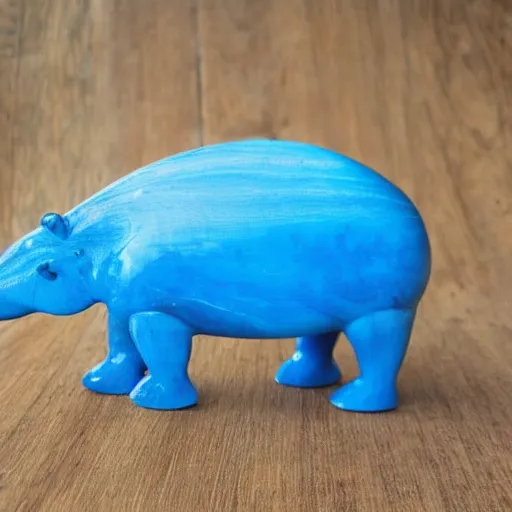 Prompt: expertly crafted etsy kids natural wood hippopotamus expertly fused with blue epoxy. the back of the wood shining hippo is made of blue epoxy. with a white photographers background.