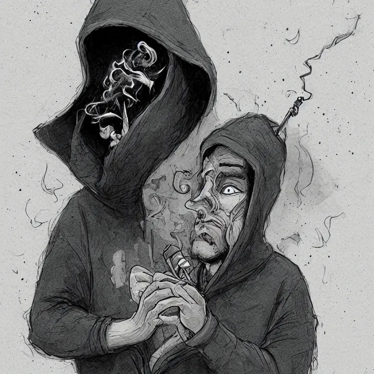 Prompt: gangster in a hoodie smoking a join, in the style of tony sandoval