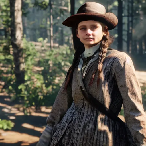 Prompt: Thomasin Mckenzie in RDR2, screenshot,