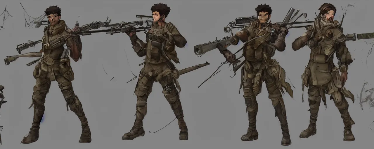 Prompt: A character sheet of a mercenary with short brown hair olive skin while wielding a giant sniper rifle, concept art, anime, Highly Detailed.