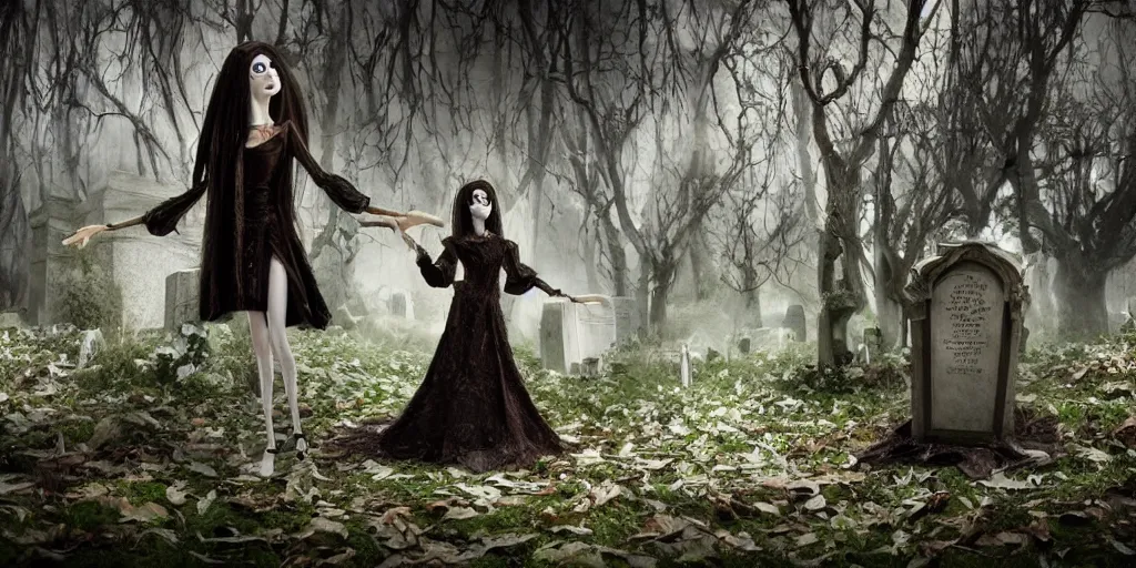 Prompt: photo taken of an epic intricate, ultra detailed, super realistic stop motion puppet of a majestic gracious regal aristocratic brunette female vampires in a graveyard filmset created by weta workshop and tim burton, menacing, wide angle, full body shots, photorealistic, sharp focus, gloomy, extremely cold blueish colour temperature, 3 5 mm, f 1. 4