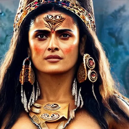 Prompt: Salma Hayek as aztec princess warrior hyper realistic 4K quality