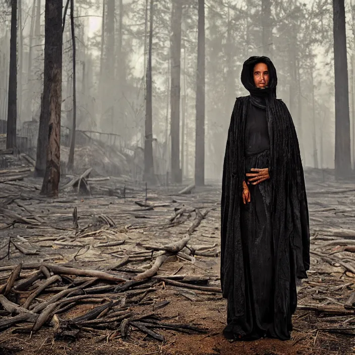 Prompt: portrait of a woman wearing a cloak of scrap metal in a charred, burnt forest, by Annie Leibovitz and Steve McCurry, natural light, detailed face, CANON Eos C300, ƒ1.8, 35mm, 8K, medium-format print