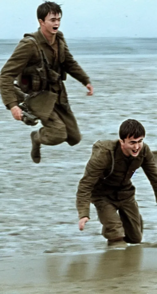 Image similar to film still of Daniel Radcliffe storming Normandy beach in Saving Private Ryan