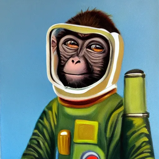 Image similar to an oil painting of a monkey wearing a spacesuit