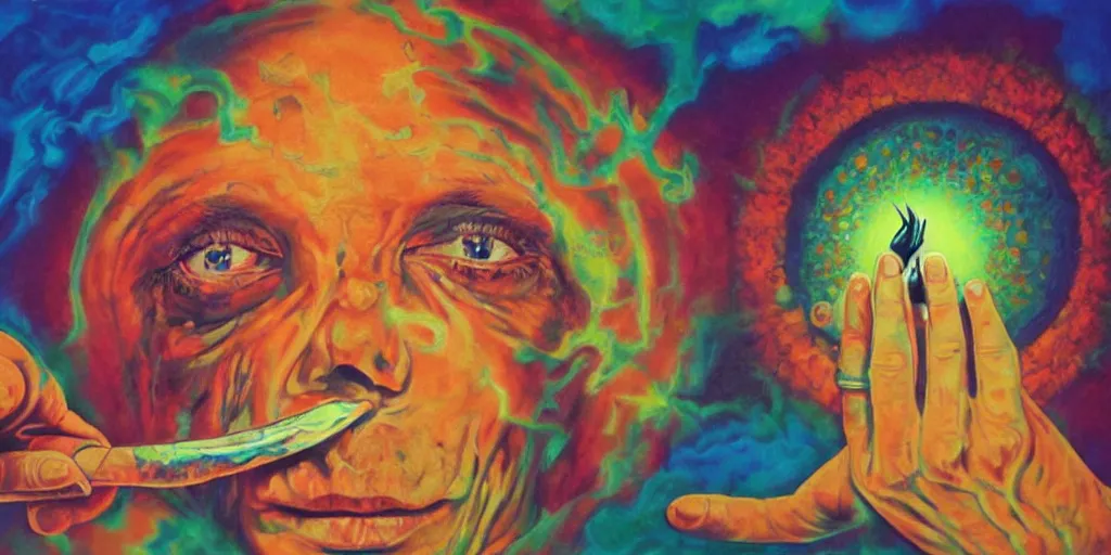 Image similar to a psychedelic surreal painting of a man removing a nail made of energy from his third eye