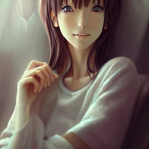 Image similar to beautiful serene intricate portrait of a realistic anime woman, smiling softly, wearing casual clothes, relaxing on the couch, interior lighting, cozy living room interior, soft focus, 8 k, art by irakli nadar, hyperrealism, hyperdetailed, ultra realistic