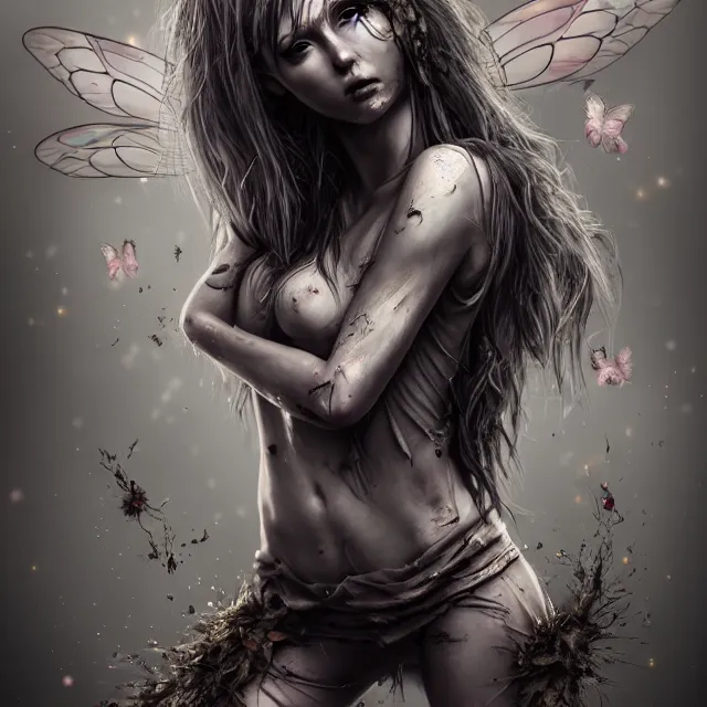 Prompt: full body pose, beautiful adult injured fairy, dirty, grungy, grunge, highly detailed, 4 k, hdr, smooth, sharp focus, high resolution, award - winning photo, artgerm, photorealistic