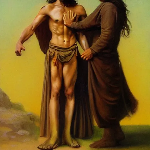 Prompt: jesus christ, a powerful long haired man in a robe. he's standing above a wounded roman soldier, mocking him. oil painting in the style of frank frazetta, boris vallejo, ilya repin. warm colors. detailed and realistic. concept art