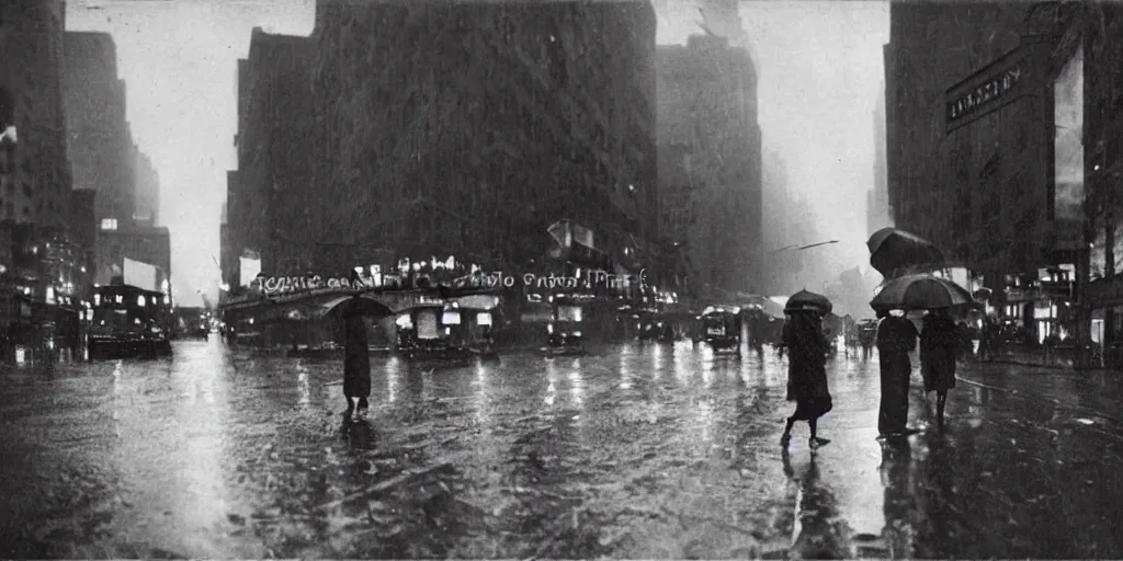 Prompt: Leica photography of New York City in the rain, Summer evening, in 1920