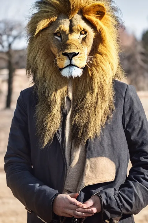 Image similar to Man with a head of a lion in jacket, XF IQ4, 150MP, 50mm, f/1.4, ISO 200, 1/160s, natural light, Adobe Photoshop, Adobe Lightroom, DxO Photolab, polarizing filter, Sense of Depth, AI enhanced, HDR