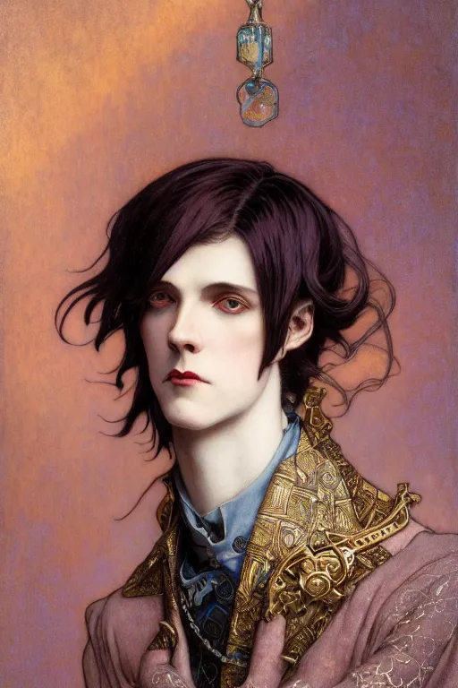 Image similar to edmund dulac, leyendecker, highly detailed portrait, a beautiful androgynous sebastian michaelis, long hair, tall and thin, wearing several pendants, art nouveau, stephen bliss, unreal engine, by greg rutkowski, loish, ferdinand knab, ilya kuvshinov, rossdraws, tom bagshaw, alphonse mucha, global illumination, radiant light