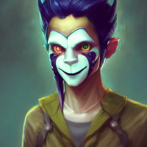 Prompt: a portrait of a cinematic still of the happy mask salesman, twilight princess, art by lois van baarle and loish and ross tran and rossdraws and sam yang and samdoesarts and artgerm and saruei and disney, digital art, highly detailed, intricate, sharp focus, trending on artstation hq, deviantart, unreal engine 5, 4 k uhd image