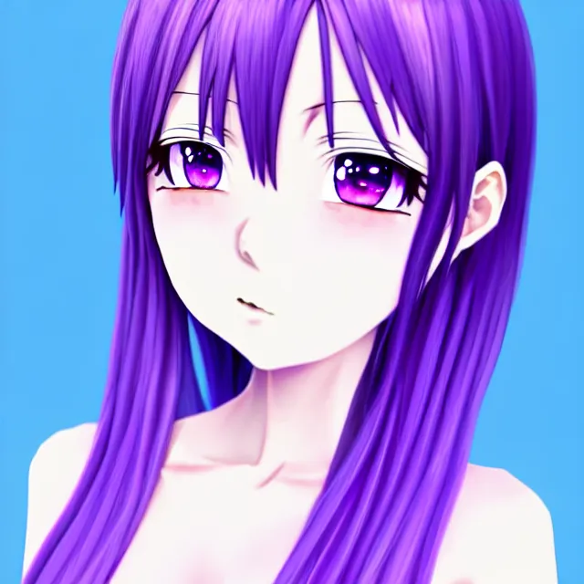 Image similar to a 3 d anime girl with lavender hair, purple eyes and white dress, profile photo, digital artwork, very beautiful face, extremely detailed