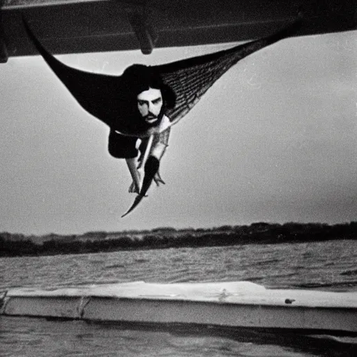 Image similar to charles manson riding a flying fish