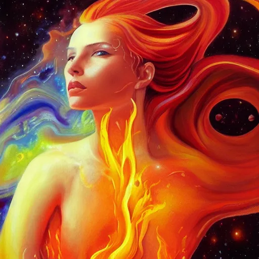 Prompt: A beautiful painting of a female cosmic being with flames as her body by Jim Burns, 8K, ultra-detailed , Trending on artstation.