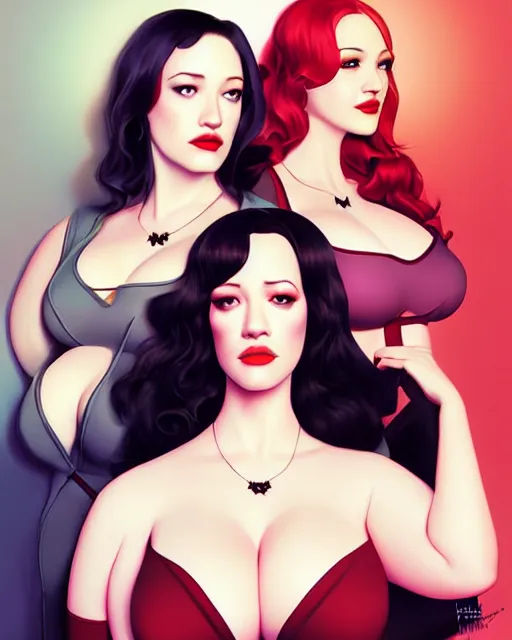 Image similar to kat dennings christina hendricks jennifer tilly, by wlop and ilya kuvshinov and artgerm