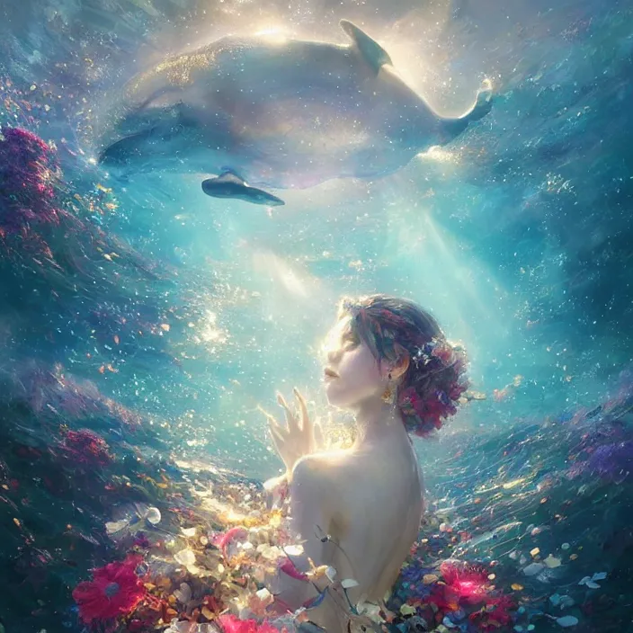 Prompt: glimmering whale, flowing dress, flowers, cosmos, milky way galaxy, golden hour, god rays, coral reef, dreamscape by artgerm and ruan jia and ismail inceoglu and greg olsen, masterpiece, beautiful, intricate, elegant, highly detailed