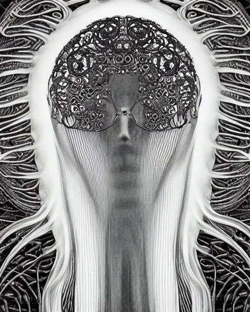 Prompt: mythical dreamy black and white organic bio - mechanical spinal ribbed profile face portrait detail of beautiful intricate monochrome angelic - human - queen - vegetal - cyborg, highly detailed, intricate translucent jellyfish ornate, poetic, translucent microchip ornate, photo - realisitc artistic lithography in the style of hg giger