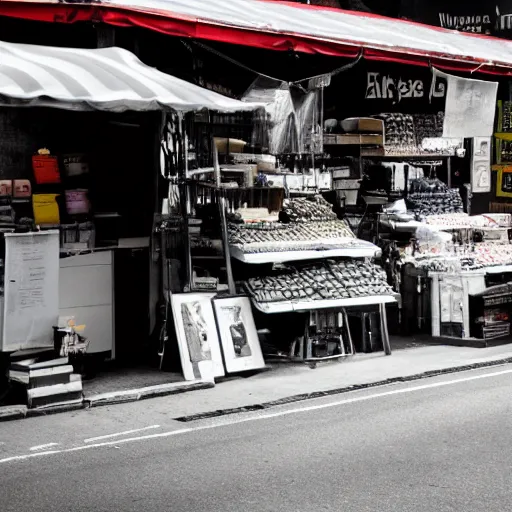 Image similar to a photo of a market stall at a street corner in the style of the film'minority report'taken from a distance, dslr