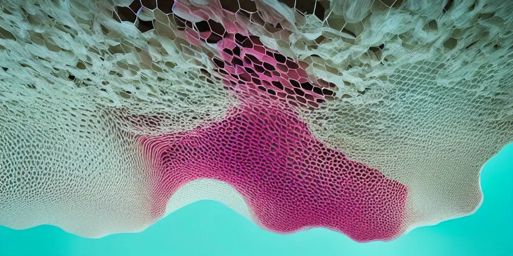 Image similar to biomorphic honeycomb structures by ernesto neto, light - mint with light - pink color, 4 k, insanely quality, highly detailed, film still from the movie directed by denis villeneuve with art direction by zdzisław beksinski, telephoto lens, shallow depth of field