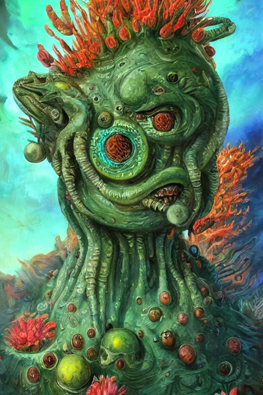 Image similar to oil painting, close-up, hight detailed, creature with six eyes and tubes with flowers everywhere at red planet, in style of 80s sci-fi art, neodada