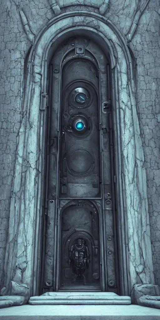 Prompt: huge sci - fi door with medieval ornaments front of a man, sci - fi art, concept art, dark moody colors, 8 k detailed digital art, octane