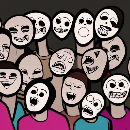 Prompt: a group of people with creepy faces and mouths, an album cover by arent arentsz, featured on deviantart, computer art, grotesque, fisheye lens, creepypasta