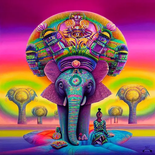 Image similar to a regal and elegant african queen with a colorful afro sitting in a cabana on top of an extremely large steampunk elephant near a pink lake with a large glowing baobab tree, by amanda sage and alex grey and evgeni gordiets in a surreal psychedelic style, oil on canvas 8k, hd