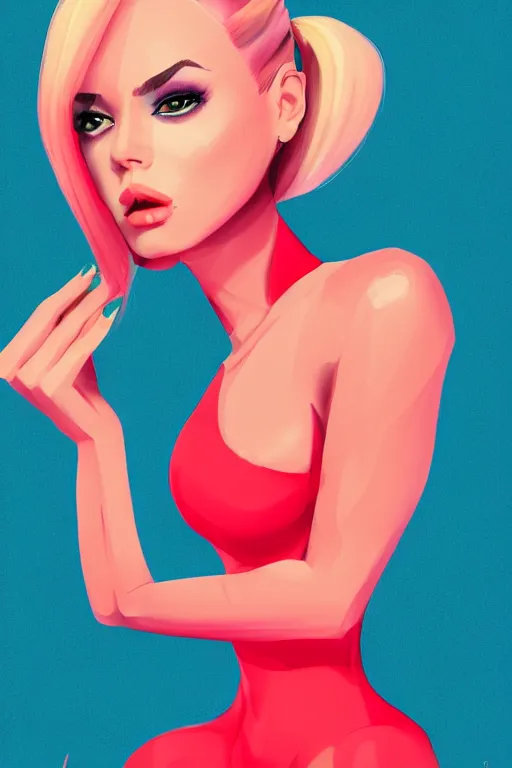 Prompt: full length illustration of beautifully female with amazing body figure wearing tight dress, ponytail hair, digital painting, trending on art station and devian art, pop art, low polygons illustration