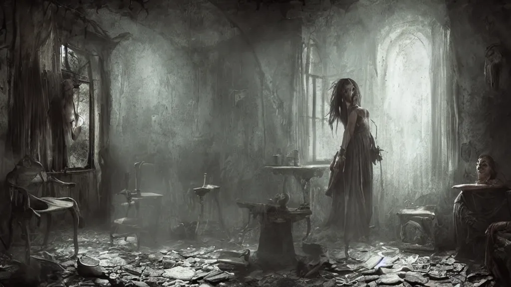 Image similar to An ancient witch in the shadows of a decrepit cottage, highly detailed interior , horror, by Bastien LeCouffe-Deharme, hyperrealistic, Blender 8k UHD