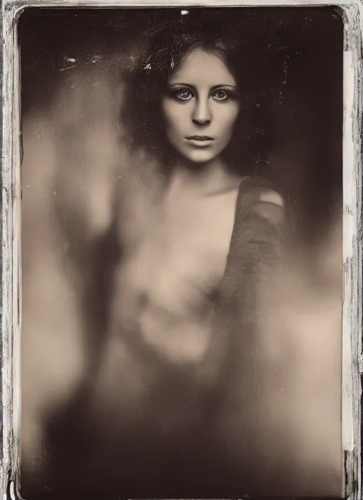 Image similar to portrait of a young women with beautiful eyes, photo realistic, elegant, award winning photograph, parallax, cinematic lighting, ambrotype wet plate collodion by richard avedon and shane balkowitsch