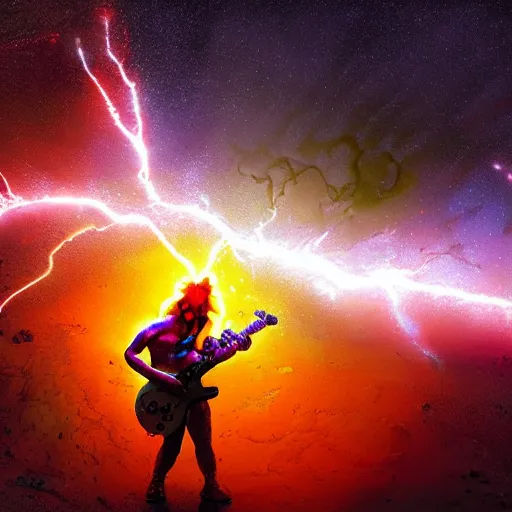 Image similar to UHD closeup of a Photorealistic cosmic clown playing sparking electric guitar in a lightning storm on Mars, with a cool pose, by Antonio Caparo and Ferdinand Knab and Greg Rutkowski, UHD, photorealistic, trending on artstation, trending on deviantart