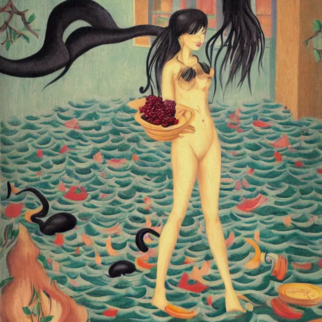 Image similar to tall female catgirl artist holding berry pancakes in her flooded apartment, pomegranates, octopus, water gushing from ceiling, painting of flood waters inside an artist's apartment, a river flooding indoors, mushrooms, ikebana, zen, rapids, waterfall, black swans, canoe, berries, acrylic on canvas, surrealist, by magritte and monet