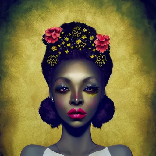 Prompt: portrait of a black woman inspired by Natalie Shau, Anna dittmann,gold paint splatter,flower crown,cinematic