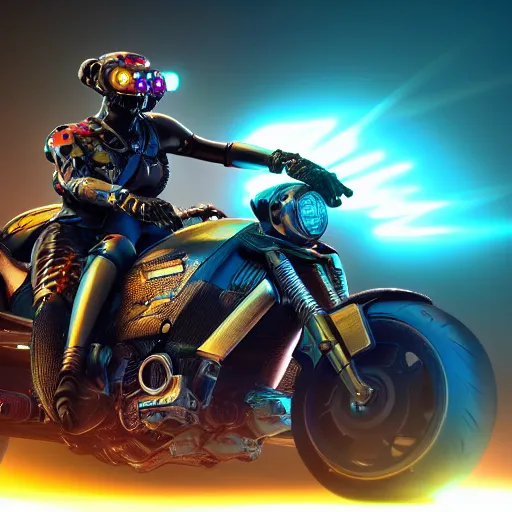 Prompt: portrait of a neon cyberpunk cyborg jaguar animal riding a motorcycle, octane render