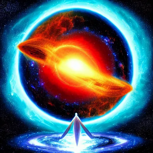 Image similar to image of the entire universe uniting again into perfect love and pure consciousness, defeating the big bang!! final victory of order over disorder!! final defeat of entropy! end of time, galactic scale!! accurate physics mathematics, digital painting, artstation, smooth, sharp focus