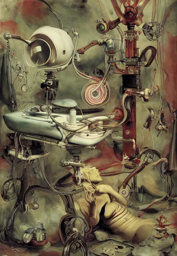 Prompt: featureless colorful medical equipment, rippling, minimalist environment, by esao andrews and maria sibylla merian eugene delacroix, hr giger, thomas moran, pop art, art by charles burns