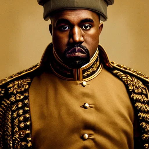 Image similar to Portrait of Kanye West dressed as emperor napoleon, splash art, cinematic lighting, dramatic, octane render, long lens, shallow depth of field, bokeh, anamorphic lens flare, 8k, hyper detailed, 35mm film grain