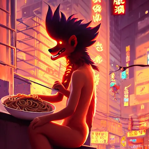 Image similar to splash art of cute female anthropomorphic vulpes vulpes fulva eating ramen noodles by a stand in the crowded street of a cyberpunk city : by weta, greg rutkowski, wlop, ilya kuvshinov, rossdraws, artgerm, octane render, liosh, mucha